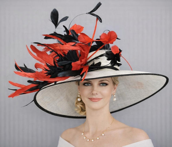 WHite Red Black Wide Brim Sinamay Derby Hat, Feather & Bow Statement Hat, Ascot Fascinator for Wedding, Church, Tea Party