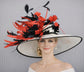 WHite Red Black Wide Brim Sinamay Derby Hat, Feather & Bow Statement Hat, Ascot Fascinator for Wedding, Church, Tea Party
