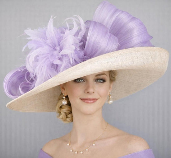 Champagne Sinamay Derby Hat: Lavender Feather Wedding Tea Party Hat