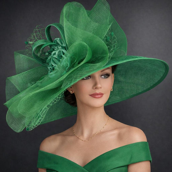 Emerald Green Wide Brim Sinamay Hat for Kentucky Derby, Ascot Royal , Wedding, Tea Garden Party, Church, Mother of the Bride, Easter Day