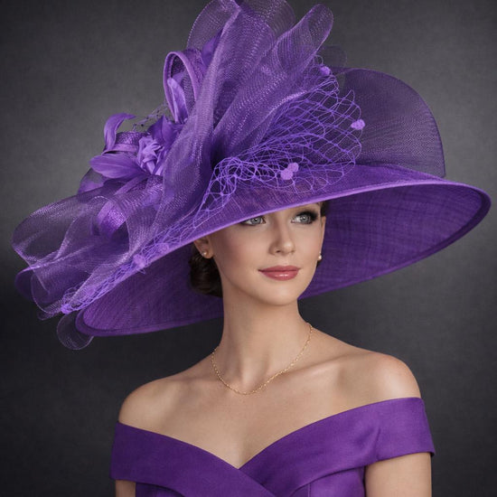Purple Wide Brim Sinamay Hat for Kentucky Derby, Ascot Royal , Wedding, Tea Garden Party, Church, Mother of the Bride, Easter Day