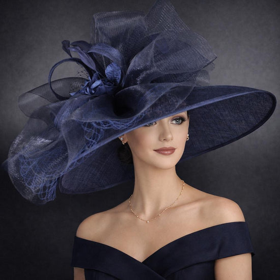 Navy Blue Wide Brim Sinamay Hat for Kentucky Derby, Ascot Royal , Wedding, Tea Garden Party, Church, Mother of the Bride, Easter Day