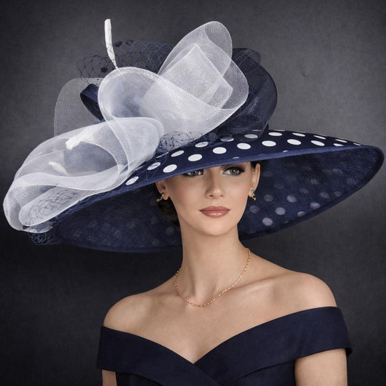 Navy Blue Polka Dot Wide Brim Sinamay Hat for Kentucky Derby, Ascot Royal , Wedding,Tea Garden Party, Church,Mother of the Bride, Easter Day