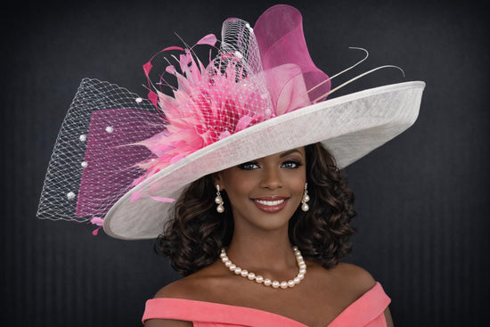 Wide Brim Kentucky Derby Hat, Ascot Hat for Wedding & Tea Party, Garden Party Hat, Mother of the Bride, Church White W Mix Pink