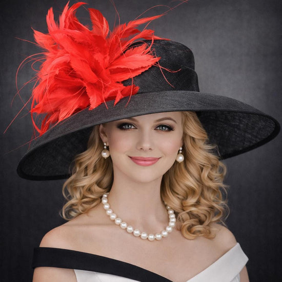 Black Wide Brim with Red Flowers Wide Brim Sinamay hat, Kentucky derby Hat, Wedding Guest Hat, Tea Party Hat, Ascot Royal Hat