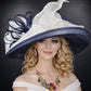 Wide Brim Sinamay  Hat for Kentucky Derby, Ascot Racing Hat, Elegant Wedding Guest Hat, Mother of the Bride Hat Navy Blue w White