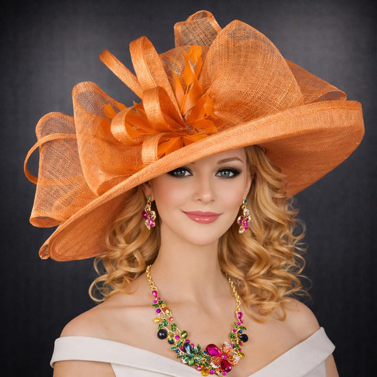 Wide Brim Sinamay  Hat for Kentucky Derby, Ascot Racing Hat, Elegant Wedding Guest Hat, Mother of the Bride Hat Copper Orange