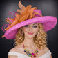 Wide Brim Sinamay Hat for Kentucky Derby, Ascot Racing Hat, Elegant Wedding Guest Hat, Mother of the Bride Hat Fuchsia w Orange