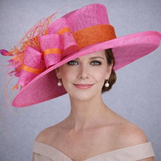 Hot Pink Orange Wide Brim Kentucky Derby Hat, Ascot Hat for Wedding & Tea Party, Garden Party Hat, Mother of the Bride, Church