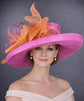 Wide Brim Sinamay Hat for Kentucky Derby, Ascot Racing Hat, Elegant Wedding Guest Hat, Mother of the Bride Hat Fuchsia w Orange