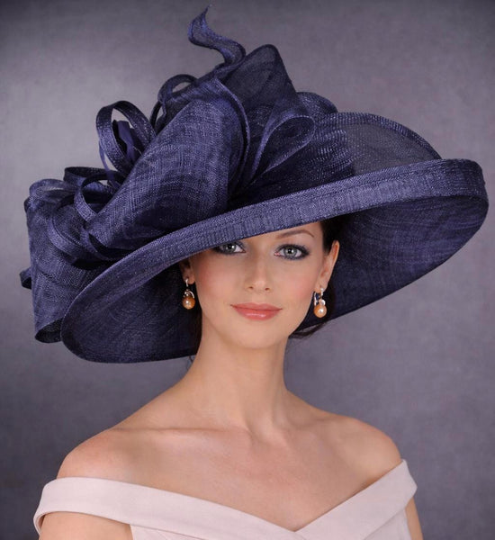 Wide Brim Sinamay  Hat for Kentucky Derby, Ascot Racing Hat, Elegant Wedding Guest Hat, Mother of the Bride Hat Navy  Blue