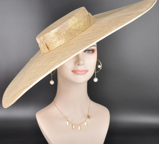 Wide Brim Sinamay Hat, 23.5 Inch Derby Hat, Ascot Hat, Church Hat, Wedding Hat, Statement Race Day Hat Gold