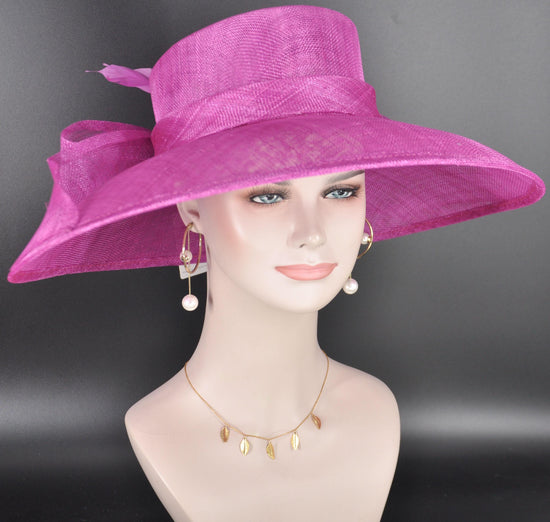 Fuchsia Pink Wide Brim Hat for Women, Kentucky Derby Hat, Church & Ascot Hat, Adjustable Size Elegant Statement Hat