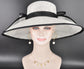 White w Black Wide Brim Hat for Women, Kentucky Derby Hat, Church & Ascot Hat, Adjustable Size Elegant Statement Hat
