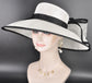 White w Black Wide Brim Hat for Women, Kentucky Derby Hat, Church & Ascot Hat, Adjustable Size Elegant Statement Hat