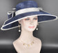 Navy Blue w White Wide Brim Hat for Women, Kentucky Derby Hat, Church & Ascot Hat, Adjustable Size Elegant Statement Hat