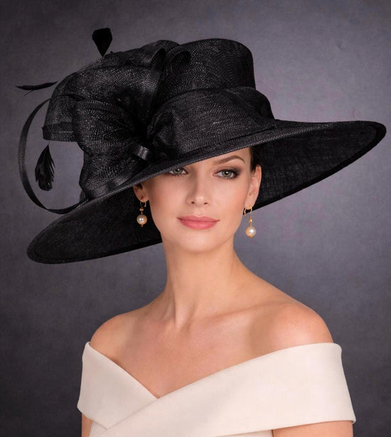 Wide Brim Kentucky Derby Hat, Ascot Hat for Wedding & Tea Party, Garden Party Hat, Mother of the Bride, Church Black