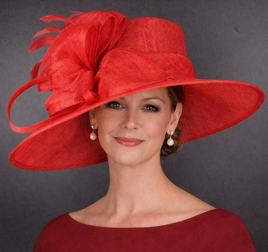 Red Three Layer Wide Brim Sinamay Hat Kentucky Derby Hat  Wedding Church Tea Party Garden Party Ascort Royal Party Hat