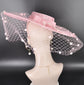 Pink Wide Brim Fascinator Hat with Veil 18 Inch Sinamay Ascot Hat for Wedding Race Day Mother of the Bride