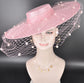 Pink Wide Brim Fascinator Hat with Veil 18 Inch Sinamay Ascot Hat for Wedding Race Day Mother of the Bride