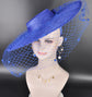 Royal Blue Wide Brim Fascinator Hat with Veil 18 Inch Sinamay Ascot Hat for Wedding Race Day Mother of the Bride