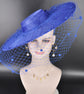 Royal Blue Wide Brim Fascinator Hat with Veil 18 Inch Sinamay Ascot Hat for Wedding Race Day Mother of the Bride
