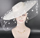 White Wide Brim Fascinator Hat with Veil 18 Inch Sinamay Ascot Hat for Wedding Race Day Mother of the Bride