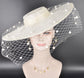 Off White/Ivory Wide Brim Fascinator Hat with Veil 18 Inch Sinamay Ascot Hat for Wedding Race Day Mother of the Bride