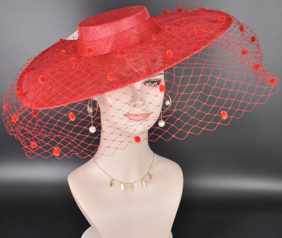 Red Wide Brim Fascinator Hat with Veil 18 Inch Sinamay Ascot Hat for Wedding Race Day Mother of the Bride