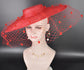 Red Wide Brim Fascinator Hat with Veil 18 Inch Sinamay Ascot Hat for Wedding Race Day Mother of the Bride
