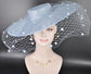 Light Blue Wide Brim Fascinator Hat with Veil 18 Inch Sinamay Ascot Hat for Wedding Race Day Mother of the Bride