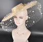 Gold Wide Brim Fascinator Hat with Veil 18 Inch Sinamay Ascot Hat for Wedding Race Day Mother of the Bride