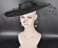 Black Wide Brim Fascinator Hat with Veil 18 Inch Sinamay Ascot Hat for Wedding Race Day Mother of the Bride