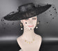 Black Wide Brim Fascinator Hat with Veil 18 Inch Sinamay Ascot Hat for Wedding Race Day Mother of the Bride