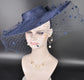Navy Blue Wide Brim Fascinator Hat with Veil 18 Inch Sinamay Ascot Hat for Wedding Race Day Mother of the Bride