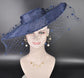 Navy Blue Wide Brim Fascinator Hat with Veil 18 Inch Sinamay Ascot Hat for Wedding Race Day Mother of the Bride