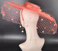Coral Pink Wide Brim Fascinator Hat with Veil 18 Inch Sinamay Ascot Hat for Wedding Race Day Mother of the Bride