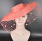 Coral Pink Wide Brim Fascinator Hat with Veil 18 Inch Sinamay Ascot Hat for Wedding Race Day Mother of the Bride