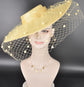 Lemon Yellow Wide Brim Fascinator Hat with Veil 18 Inch Sinamay Ascot Hat for Wedding Race Day Mother of the Bride