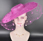 Fuchsia Pink Wide Brim Fascinator Hat with Veil 18 Inch Sinamay Ascot Hat for Wedding Race Day Mother of the Bride