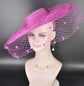 Fuchsia Pink Wide Brim Fascinator Hat with Veil 18 Inch Sinamay Ascot Hat for Wedding Race Day Mother of the Bride