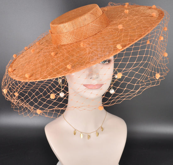 Orange Wide Brim Fascinator Hat with Veil 18 Inch Sinamay Ascot Hat for Wedding Race Day Mother of the Bride