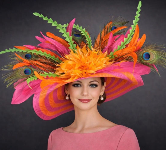 Derby Hat: Hot Pink, Orange, Peacock Feather Sinamay Hat
