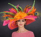 Derby Hat: Hot Pink, Orange, Peacock Feather Sinamay Hat