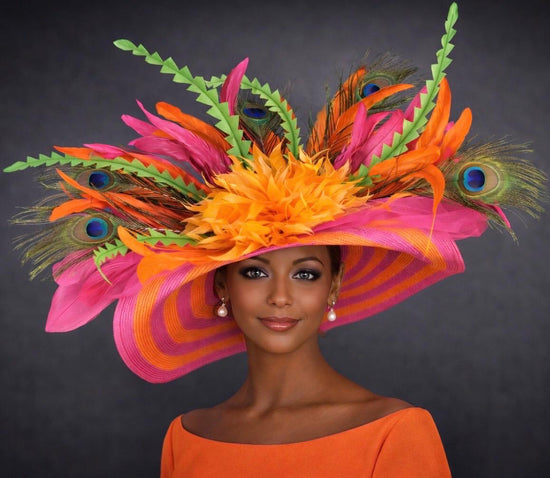 Derby Hat: Hot Pink, Orange, Peacock Feather Sinamay Hat