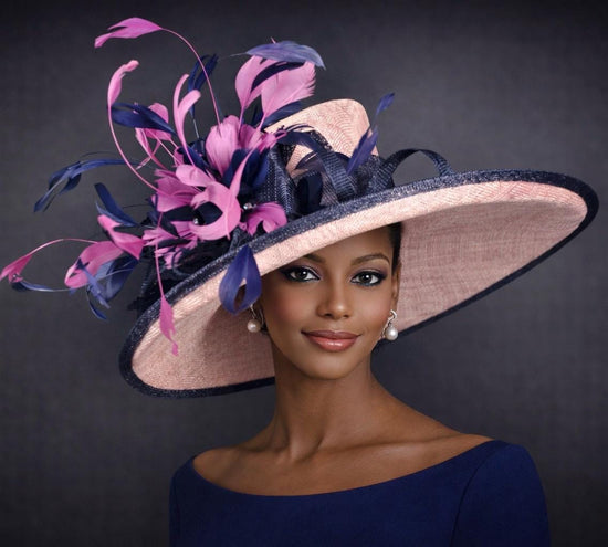 Blush Pink, Navy, Hot Pink Wide Brim Kentucky Derby Hat,Ascot Hat for Wedding & Tea Party, Garden Party Hat, Mother of the Bride, Church
