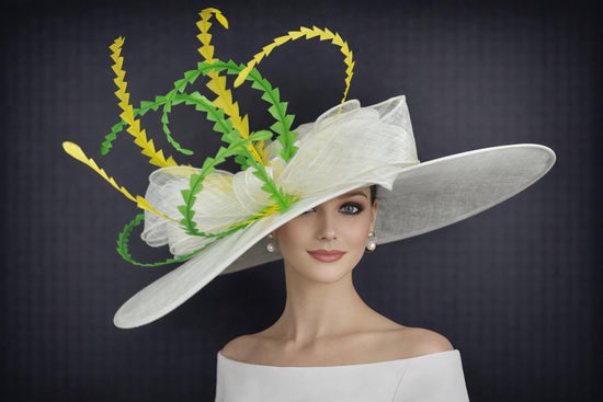 Wide Brim Kentucky Derby Hat: White Feather Ascot Hat