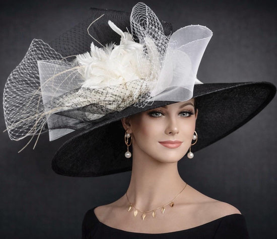 Black w White Wide Brim Kentucky Derby Hat,Ascot Hat for Wedding & Tea Party, Garden Party Hat, Mother of the Bride, Church