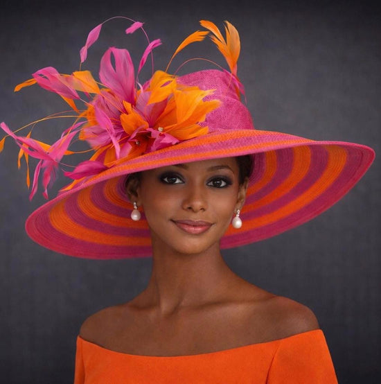 Orange Hot Pink  Wide Brim Sinamay Straw  Kentucky Derby Hat,Ascot Hat for Wedding Tea Party, Garden Party Hat, Mother of the Bride, Church