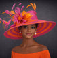 Orange Hot Pink  Wide Brim Sinamay Straw  Kentucky Derby Hat,Ascot Hat for Wedding Tea Party, Garden Party Hat, Mother of the Bride, Church